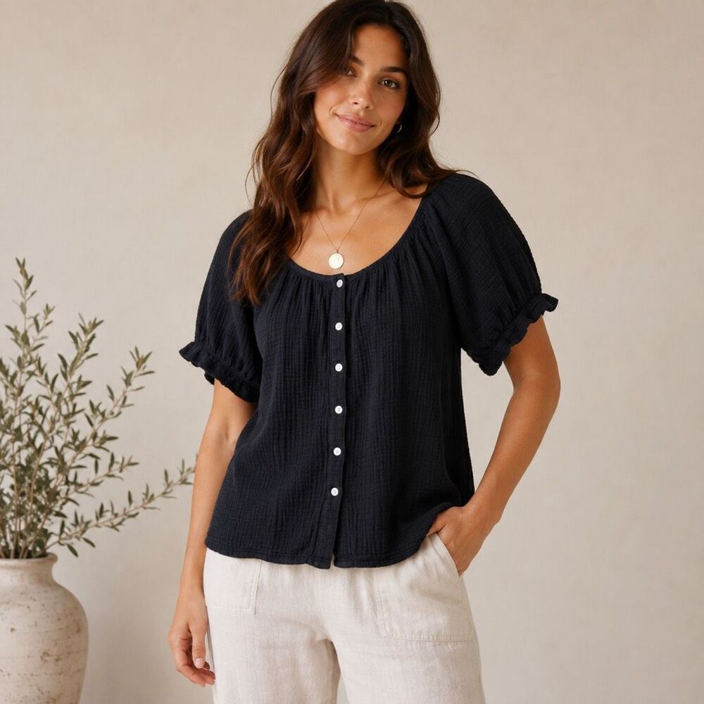 Marea by Liz Joy 100% Cotton Crinkle Gauze Blouse Size Medium Black